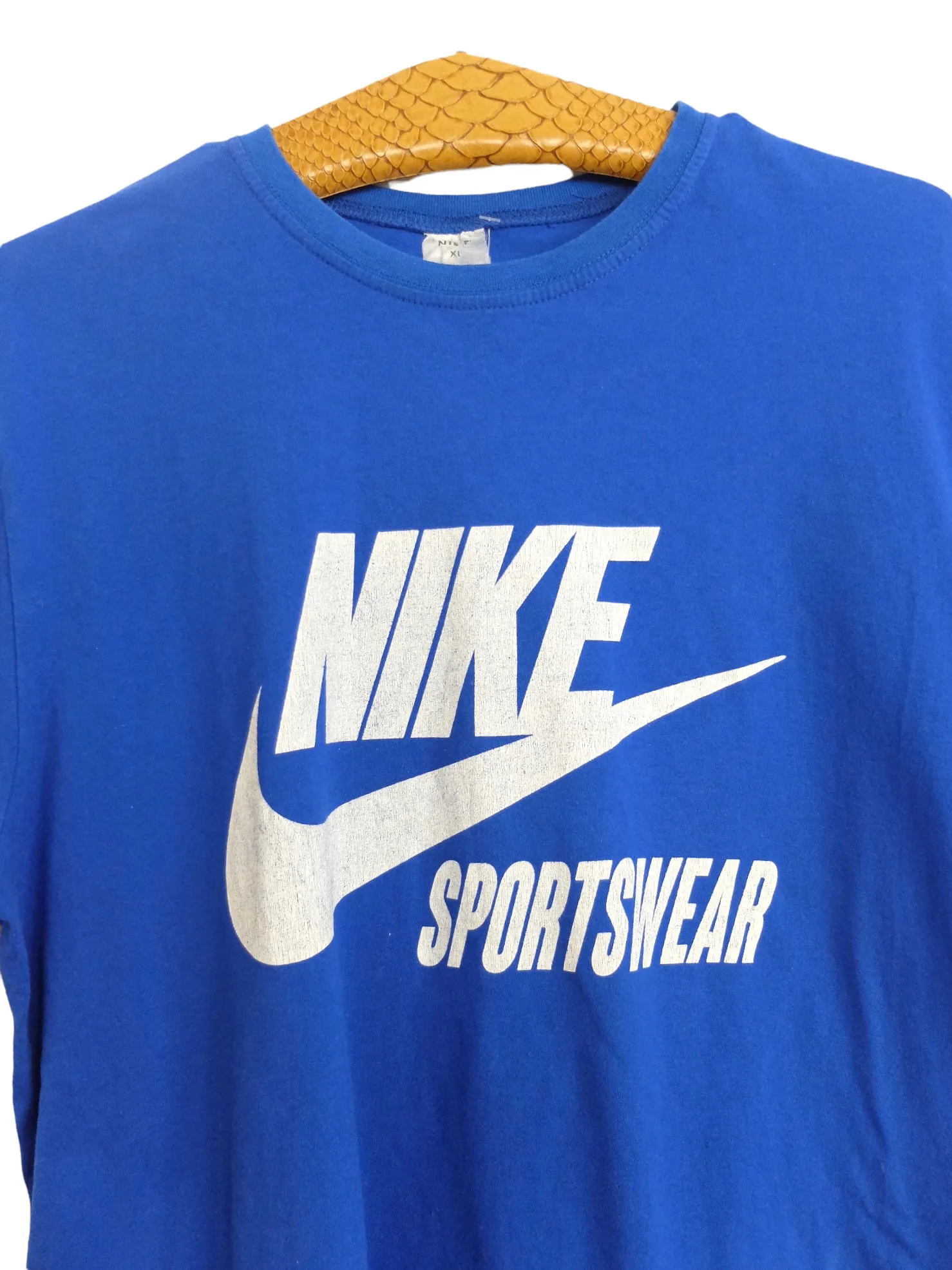 Vintage 80s Nike Sportswear Logo Bright Blue Basic Crew Neck Short Sleeve Cotton T-Shirt