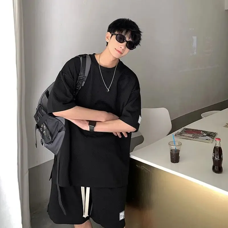 Wiaofellas  -  Summer Unisex Asual Suit Men's Hong Kong Style Short SleeveT-shirt Korean Streetwear Casual Preppy Shorts Two Piece sportswear