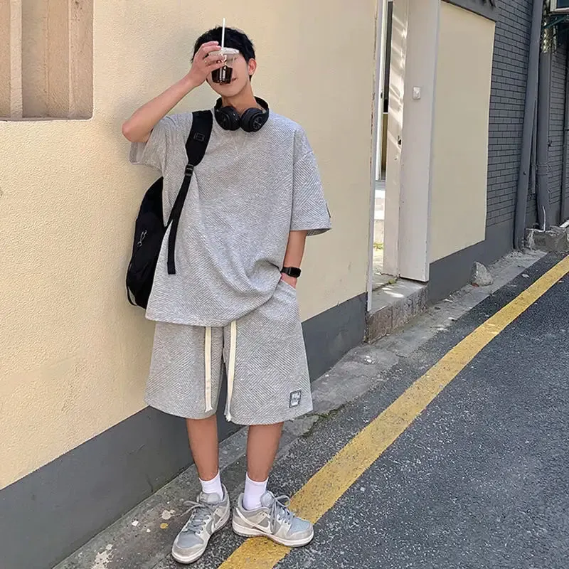 Wiaofellas  -  Summer Unisex Asual Suit Men's Hong Kong Style Short SleeveT-shirt Korean Streetwear Casual Preppy Shorts Two Piece sportswear