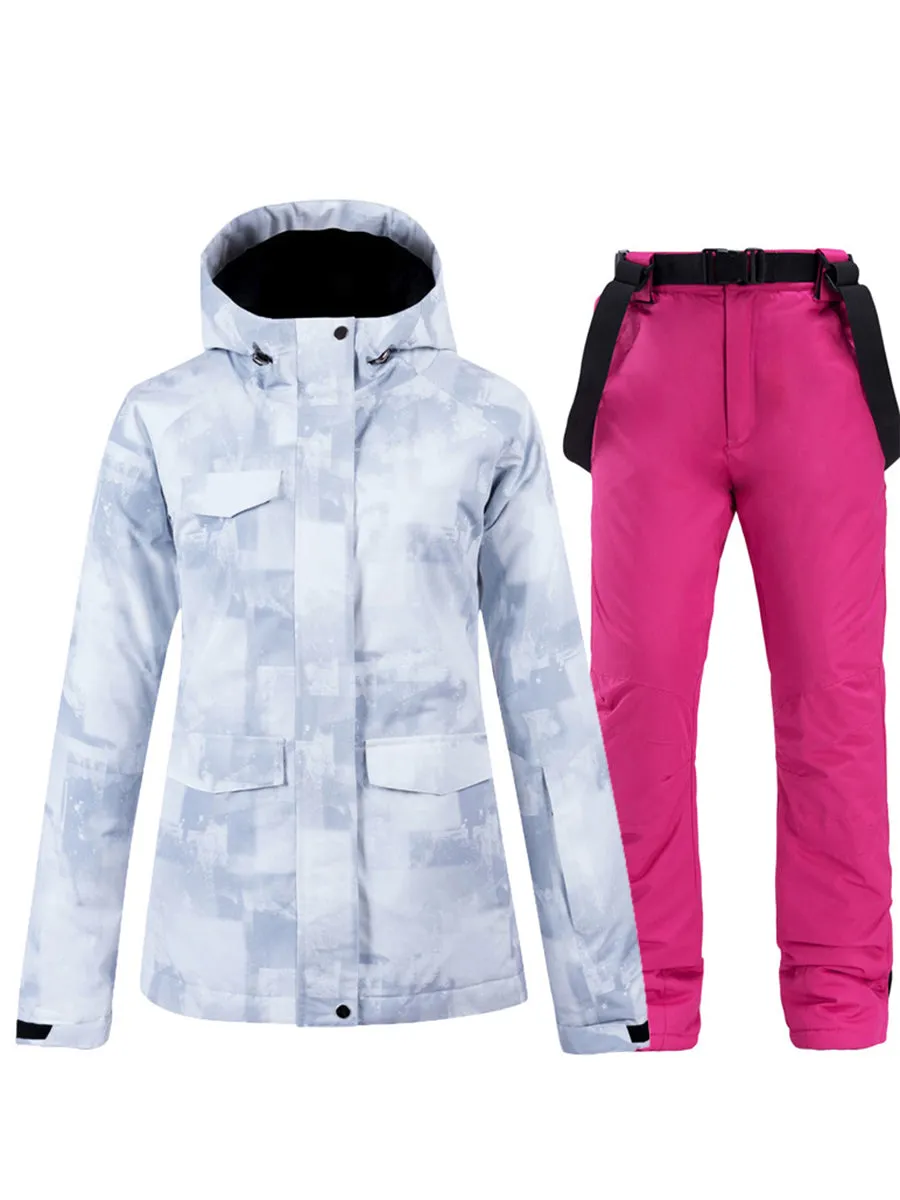 Women Hooded Snowboard Ski Jacket & Bib Pants