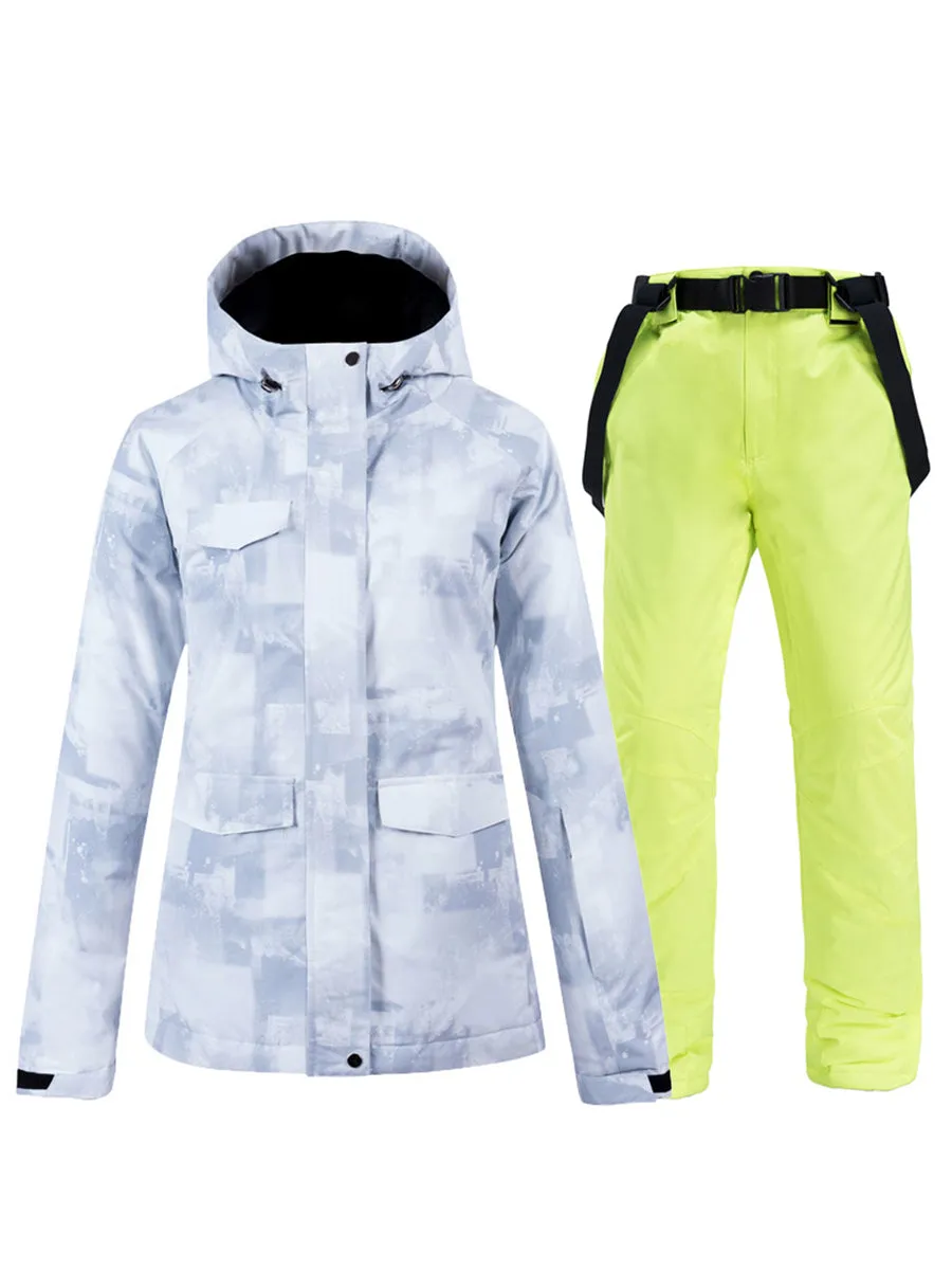 Women Hooded Snowboard Ski Jacket & Bib Pants