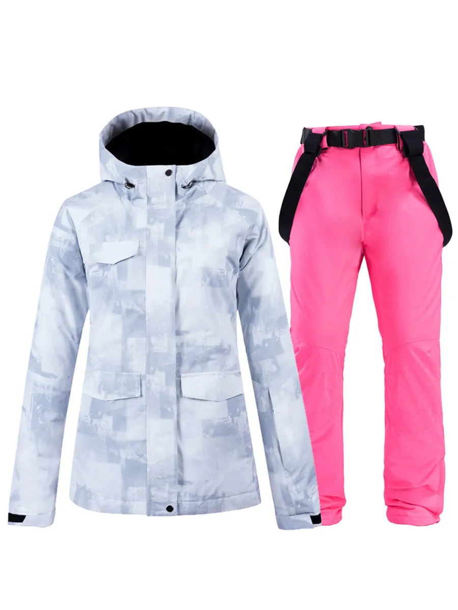 Women Hooded Snowboard Ski Jacket & Bib Pants